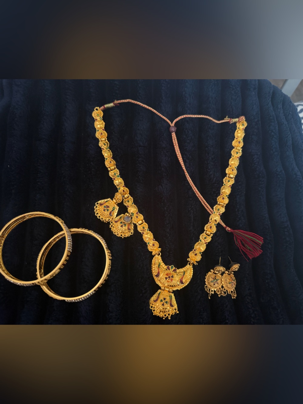 Gold-Tone Traditional Temple Necklace Set with Earrings and Bangles